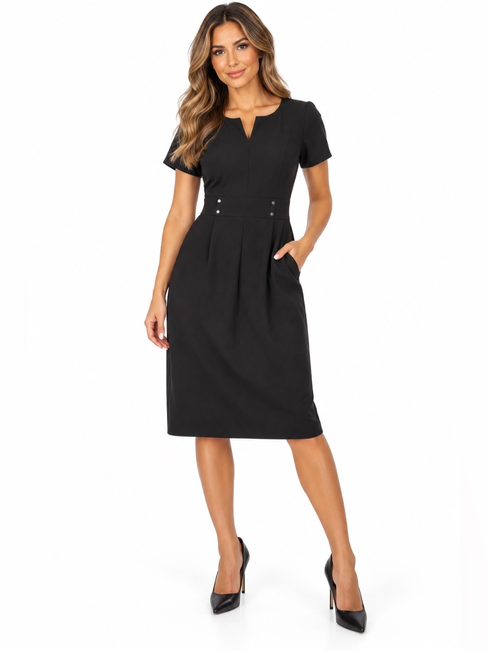 Preston & York Black Short Sleeve Sheath Midi Dress Size 12 Career Workwear